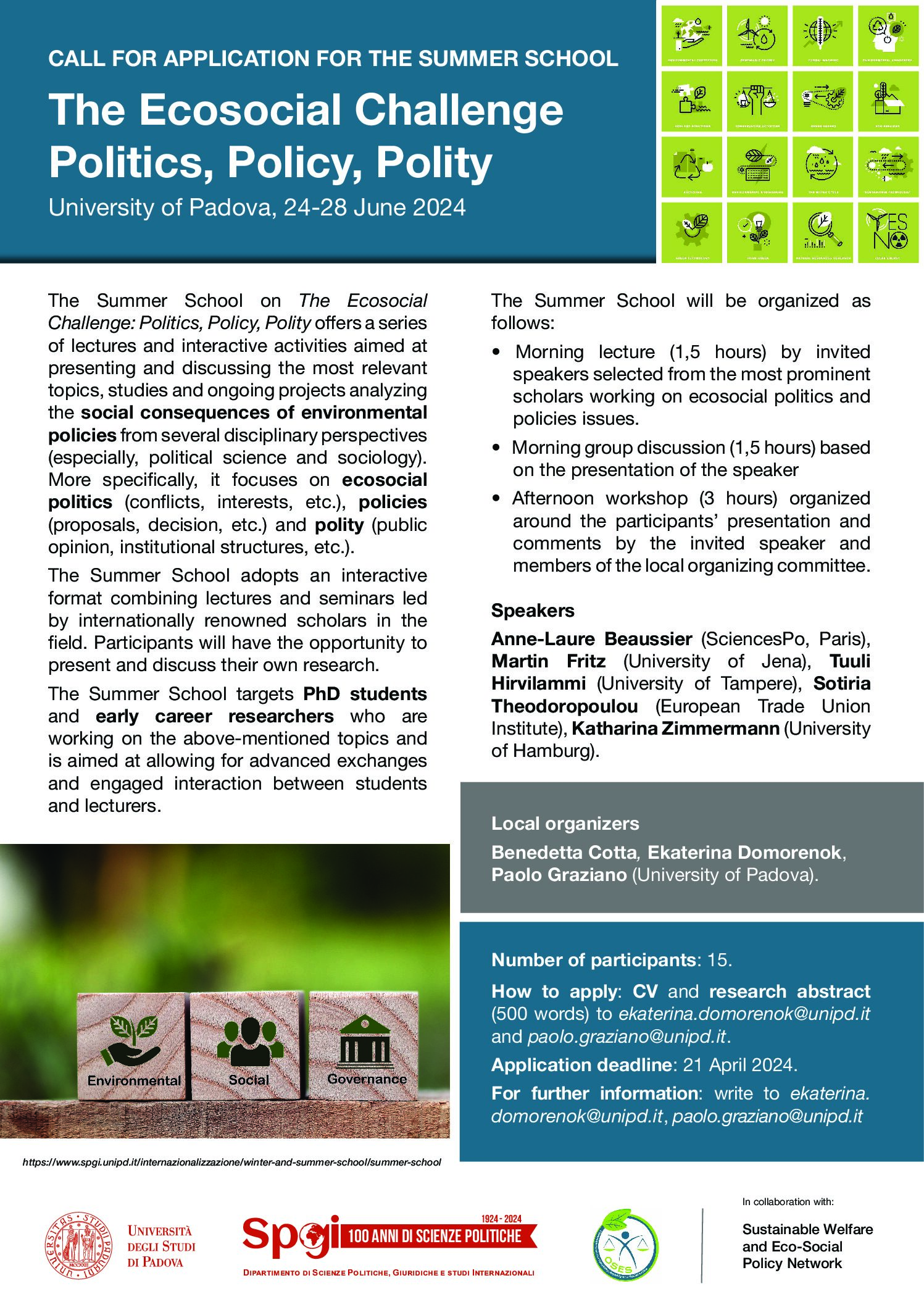 June 2024 – Summer School “The Ecosocial challenge: Politics, policy, polity”